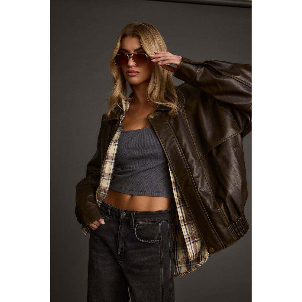 12th Tribe London Calling Brown Oversized Faux Leather Jacket Size SS